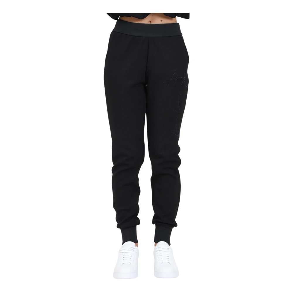 Armani Exchange Women's Black Sweatpants, L, Sporty Trousers With Rhinestone Logo