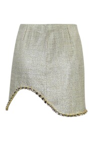Srebrna spódnica z tweedu z aplikacjami w kształcie prostokątów