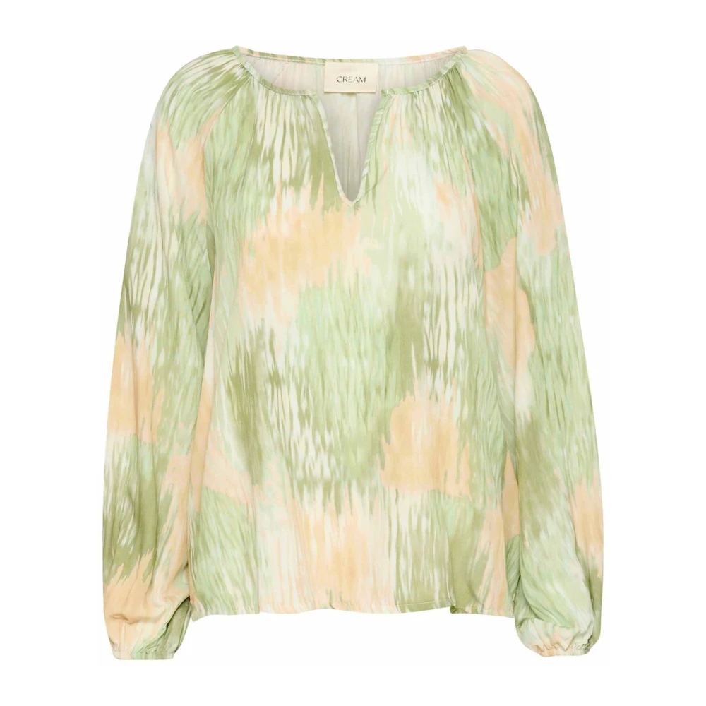 Cream Green Watercolor Puff Sleeve Blouse - Female - Blouses - S/M - Blouses & Shirts