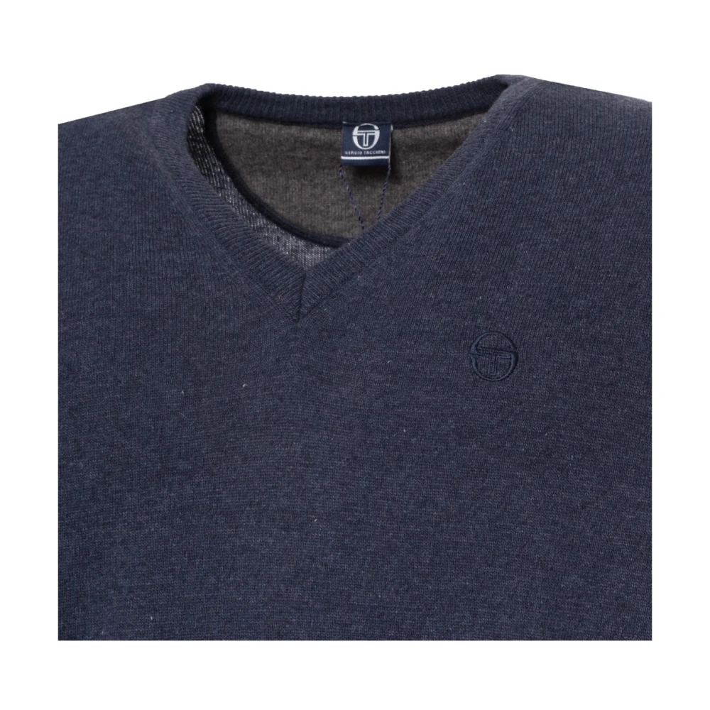 Sergio Tacchini V-hals wollen trui met geribbelde boorden en logo Blue Heren