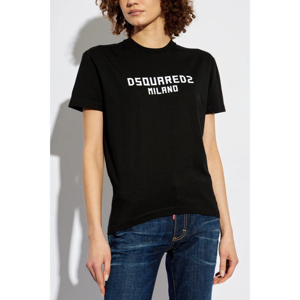 Dsquared2 T-shirt met logo en fluwelen afwerking Black Dames