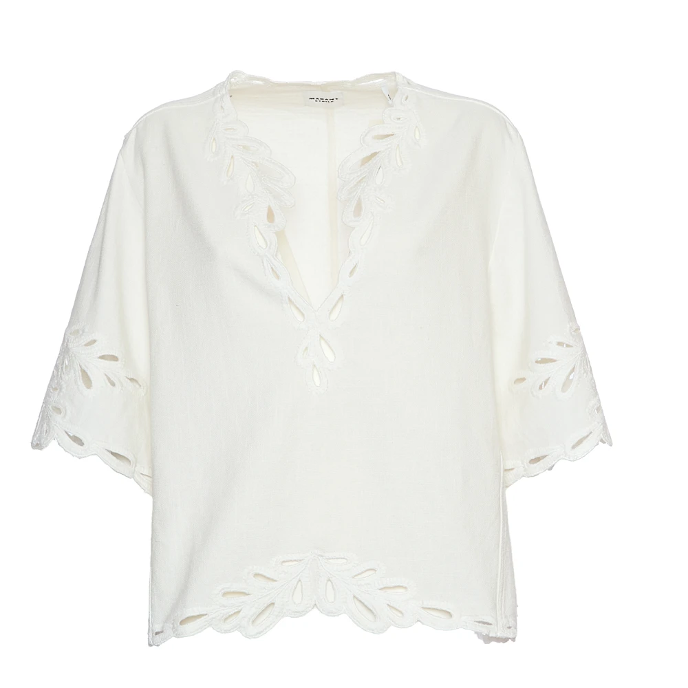 Isabel Marant Women's White Blouses, S, Perforated Embroidery V-Neck Top