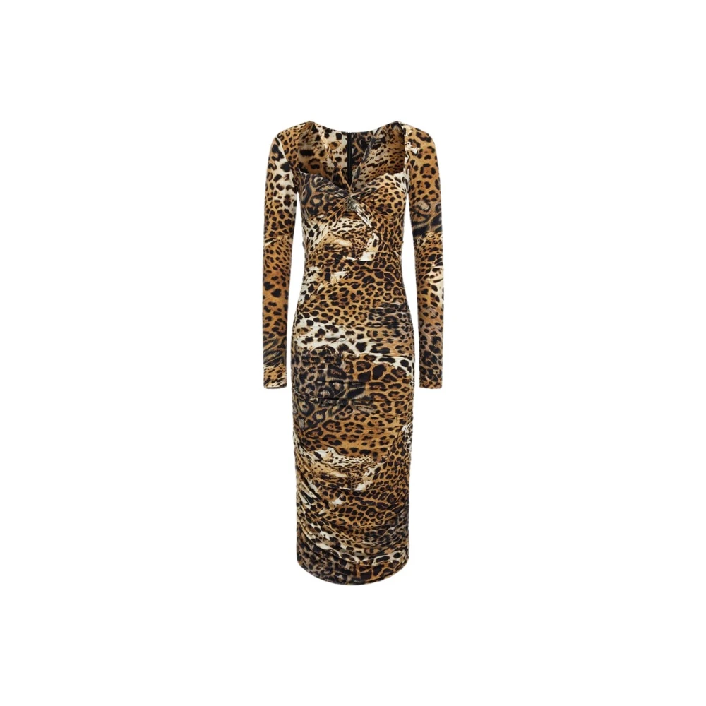 Roberto Cavalli Brown Midi Dresses, Female, 2XL, Jaguar Print Dress Light Female