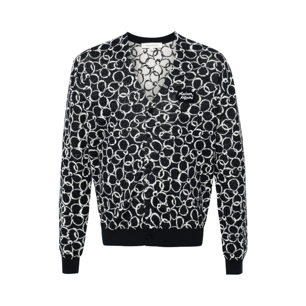 Maison Kitsuné Ink Blauwe Bloemen Cardigan met Logo Blue Heren