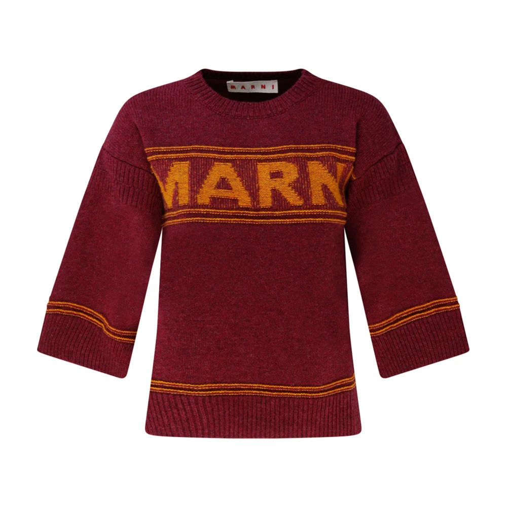 Marni Women's Brown Round-Neck Knitwear,, Intarsia Logo Jumper In Ruby Red Small