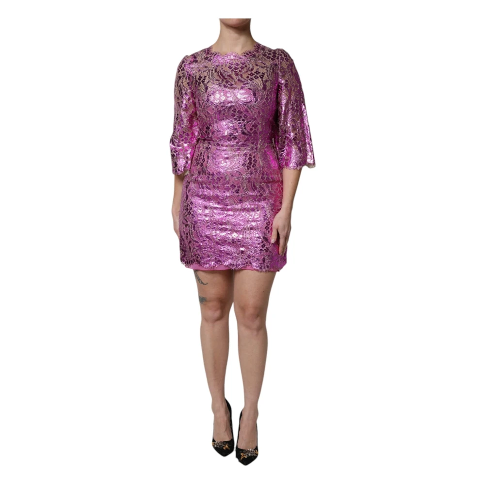 Dolce & Gabbana Women's Purple Metallic Fuchsia Floral Sheath Mini Dress - Party Dresses - L - Dresses