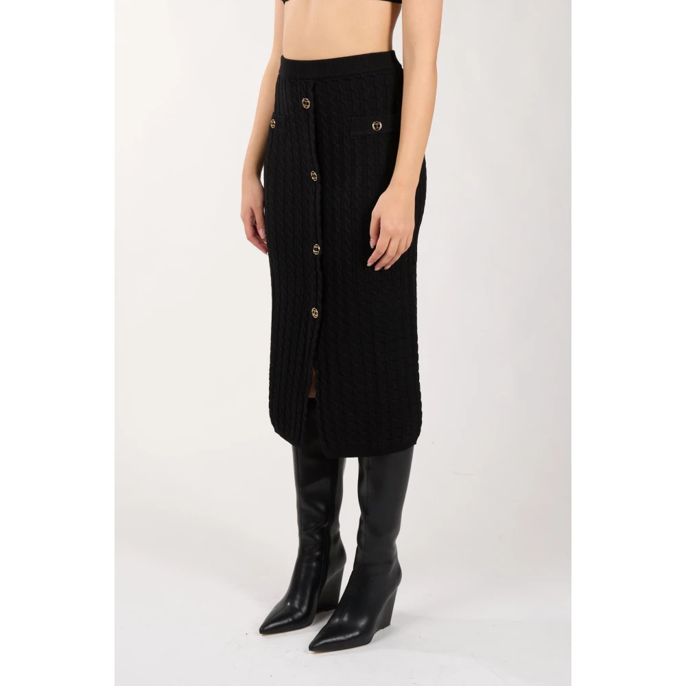 Twinset Geribbelde gebreide midi-jurk met knopen Black Dames