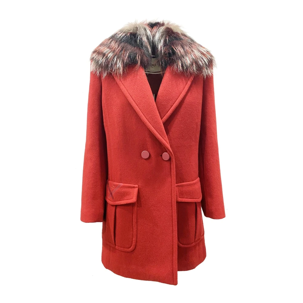 Fendi Women's Red Wool Coat With Fox Fur Collar Extra Small