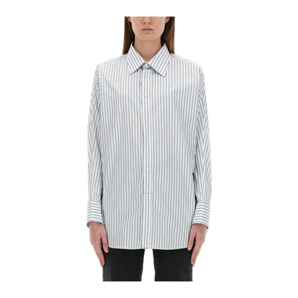 Maison Margiela Vrouw Blauw Overhemden Dames, L, Katoen, Gestreept Katoen Poplin Overhemd
