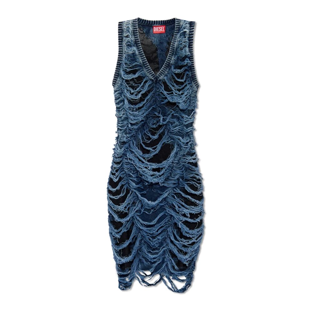 Diesel Short dress in destroyed indigo knit Blue Dames