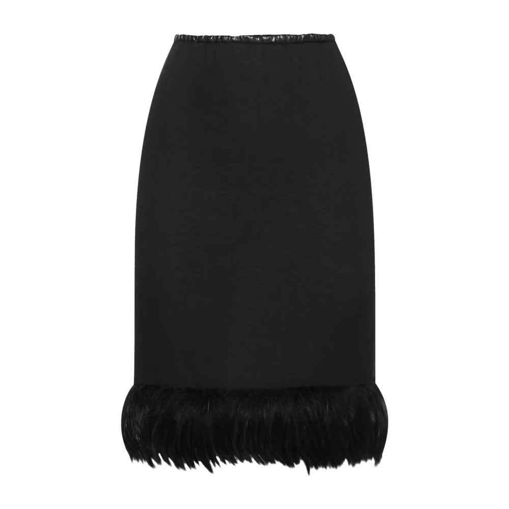 Saint Laurent Women's Black Midi Skirts, Xl, Feather Trim Silk Skirt