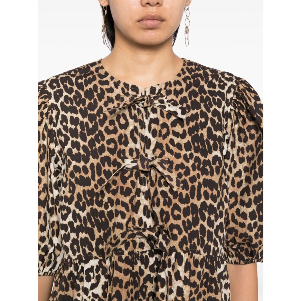Ganni Luipaardprint Jurk met Pofmouwen Brown Dames