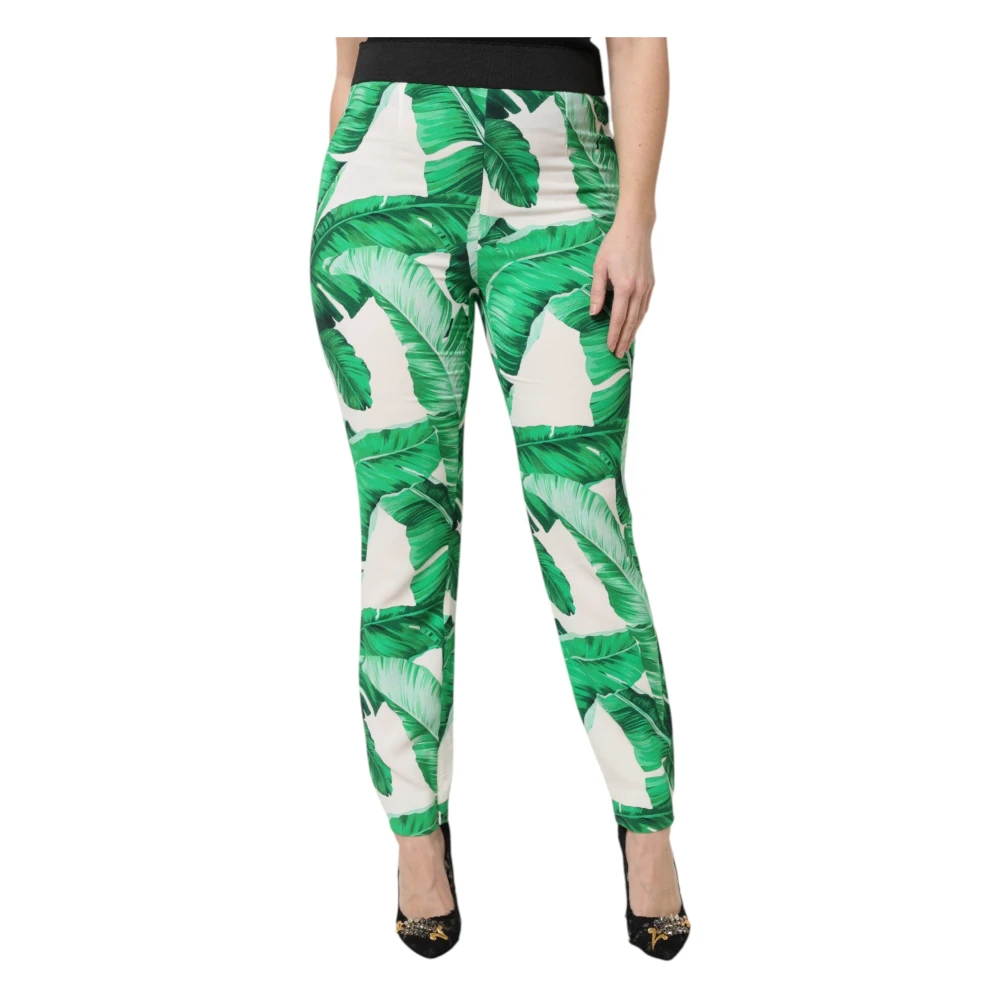 Dolce & Gabbana Women's Multicolor White Green Leaf High Waist Trousers - Skinny Trousers - 2XS - Trousers