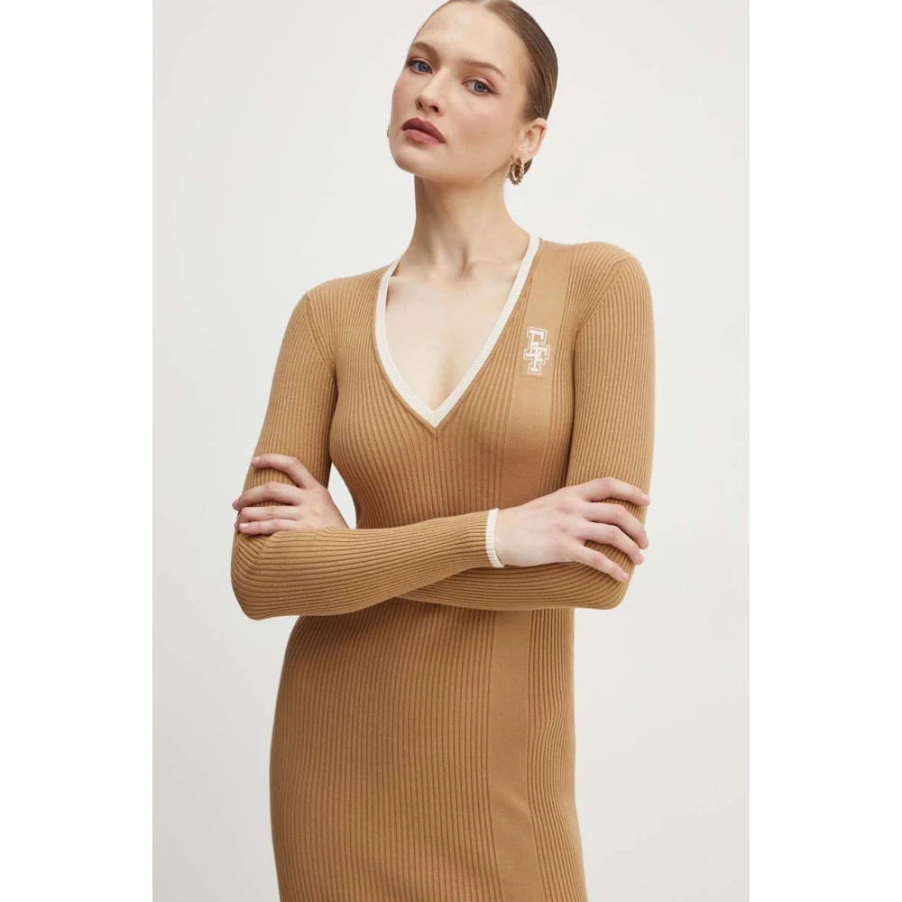 Elisabetta Franchi Geribbelde V-hals Midi Jurk Brown Dames