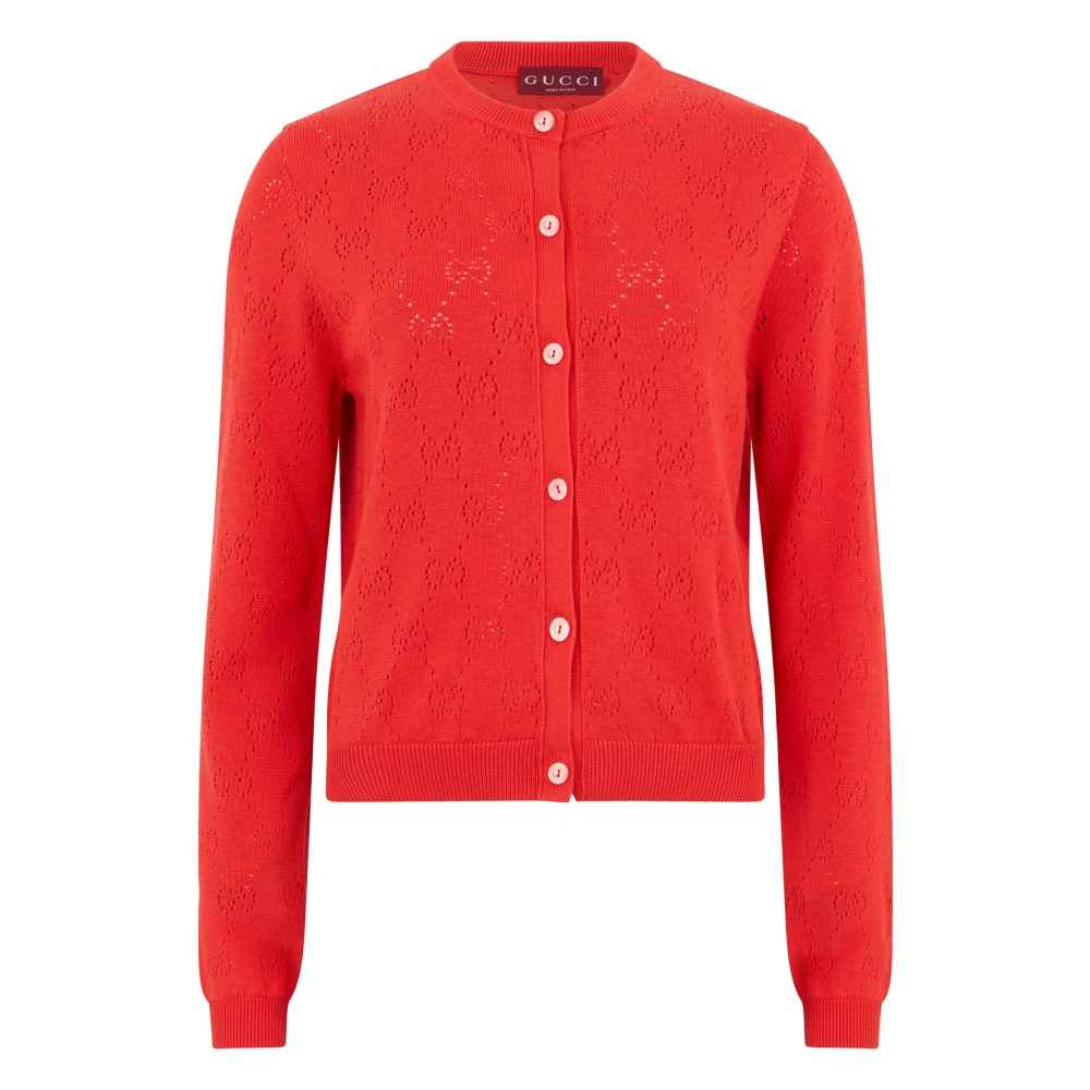 Gucci Red Cotton Monogram Cardigan With Perforations - Female - Cardigans - S - Knitwear