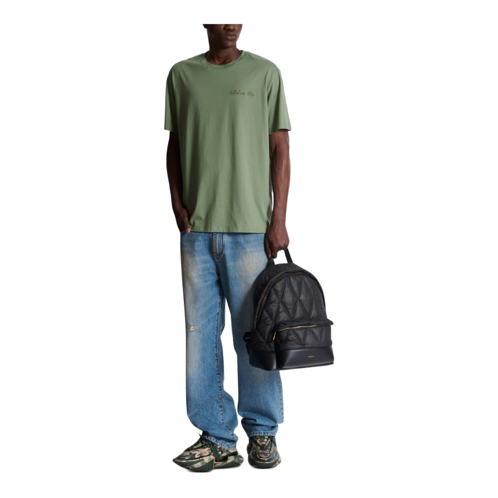 Balmain Losse T-shirt met Balain Signature borduurwerk Green Heren