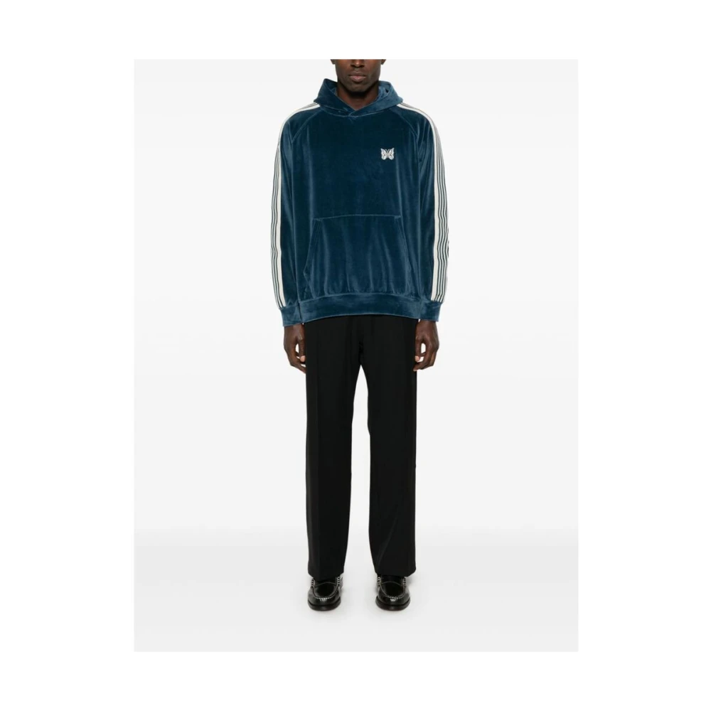 Needles Blauwe Fluweel Geborduurd Logo Hoodie Blue Heren