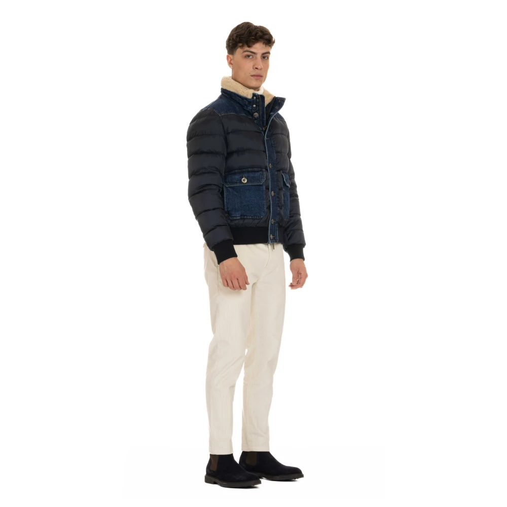 Moorer Blauwe Puffer Bomber met Denim Details Blue Heren