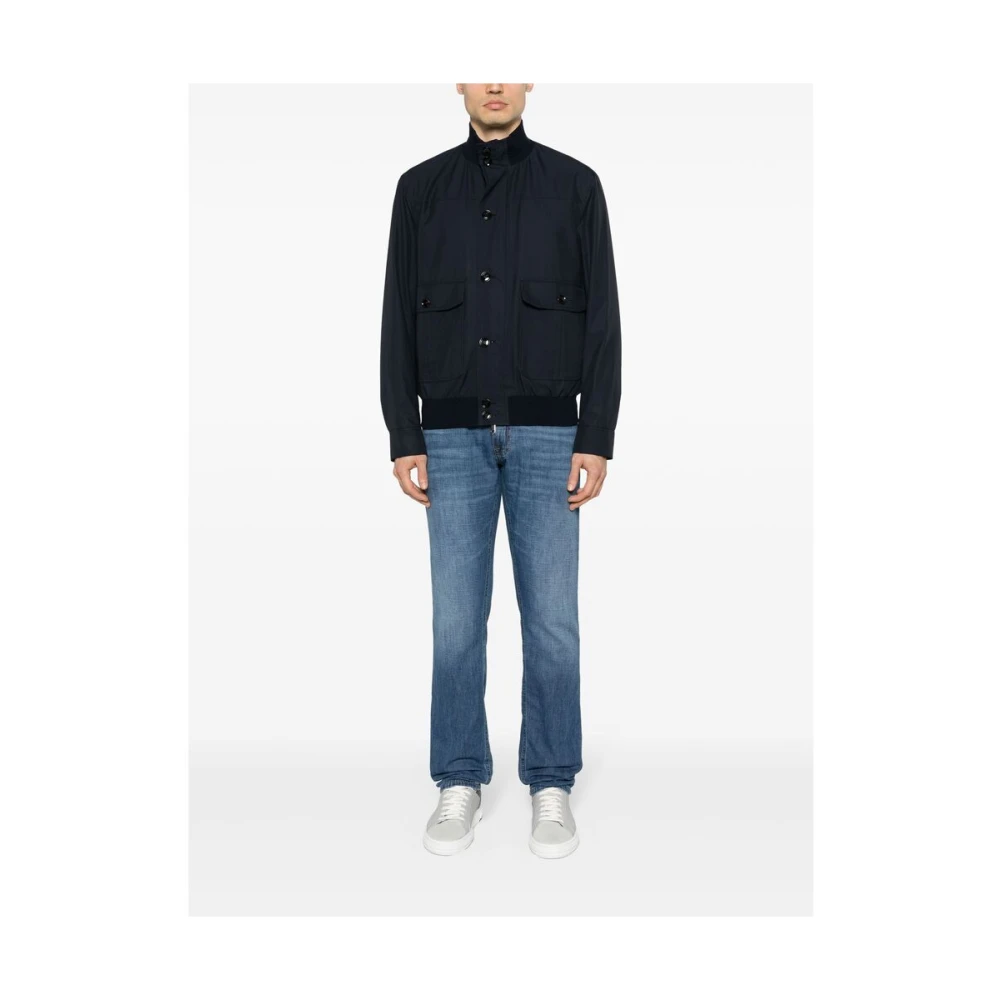 Brioni Navy Blue Zijden Opstaande Kraag Jas Blue Heren