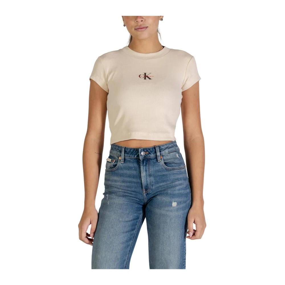 Calvin Klein Jeans Women's Beige T-Shirts, M, Round Neck Short Sleeve T-Shirt
