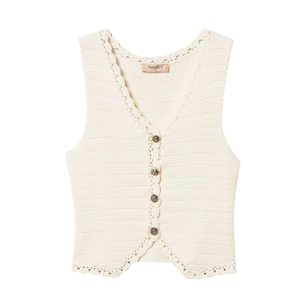 Twinset Women's Beige Cardigans, S, Knit Waistcoat With Crochet Detail