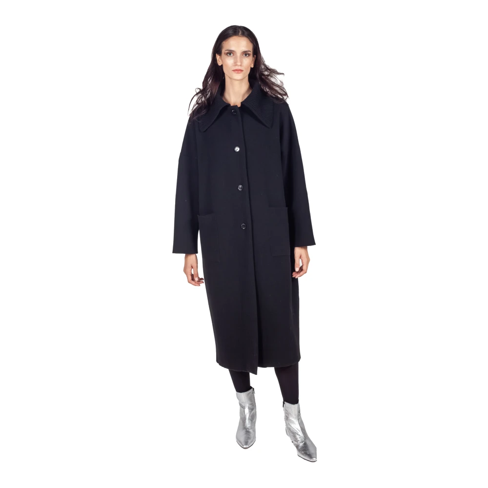 Liviana Conti Zwarte Wollen Blend Ribkraag Jas Black Dames