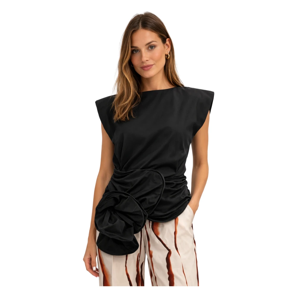 Liviana Conti Women's Black Top Effetto In Taffetà Con Fiore Grande Sul Davanti