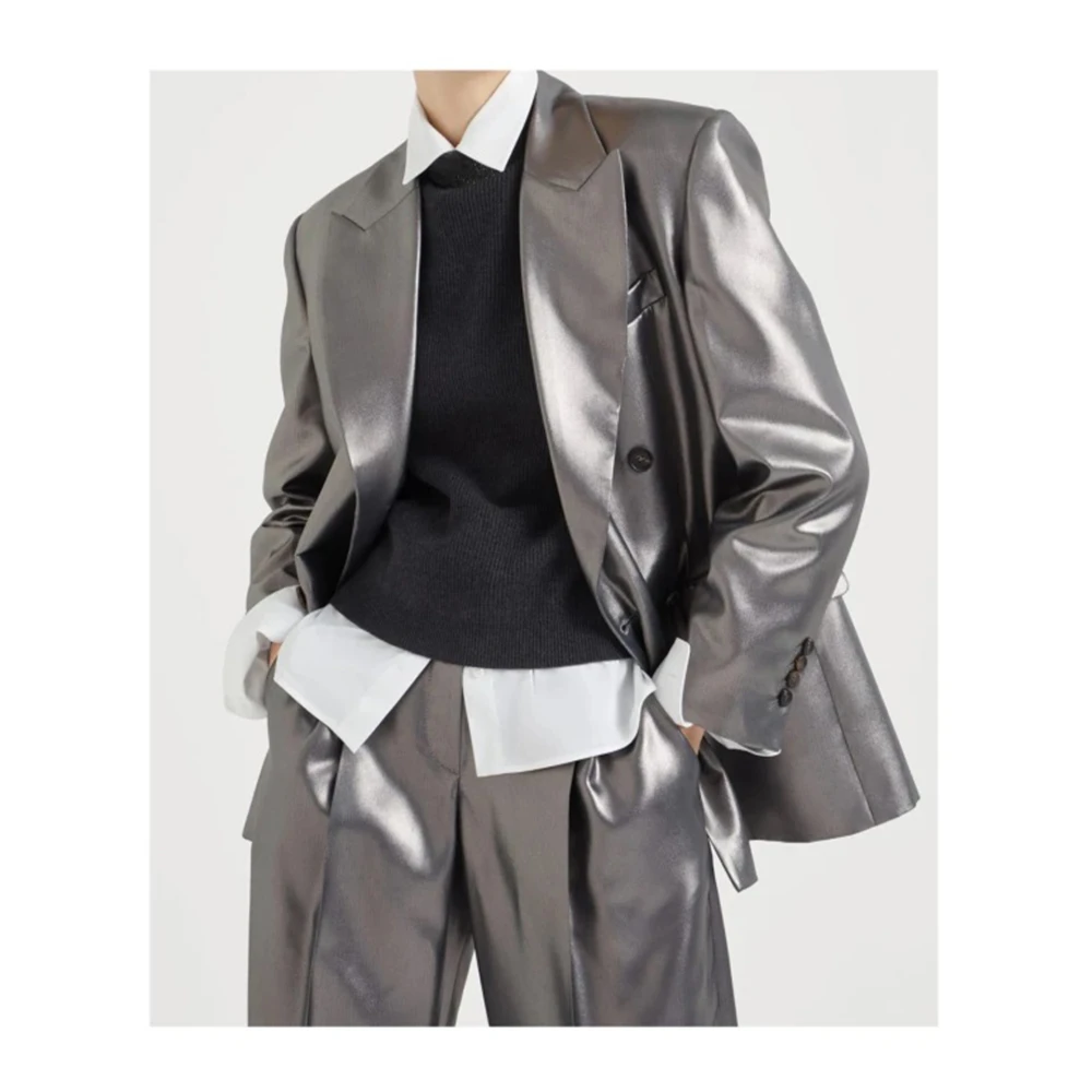 BRUNELLO CUCINELLI Metallic Twill Zijden Jas Gray Dames