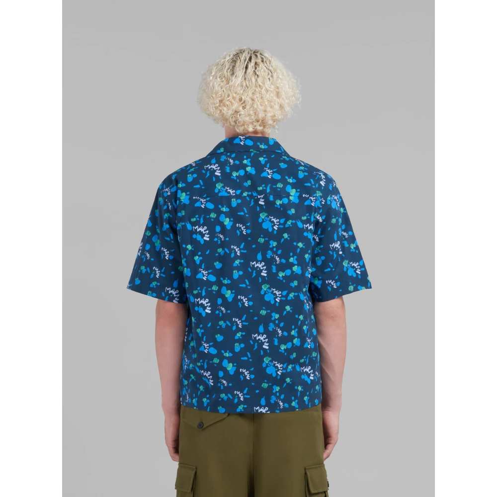 Marni Poplin bowling shirt met druipend print Blue Heren