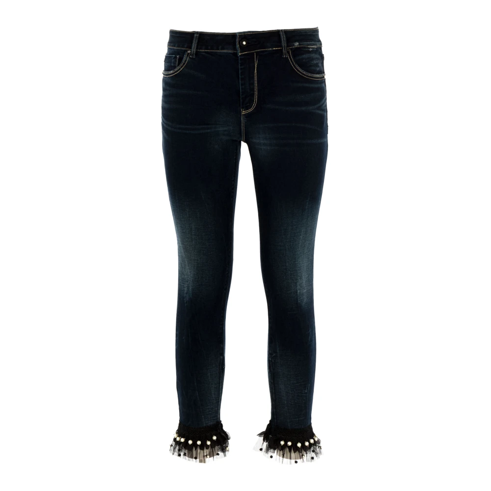 Fracomina Skinny Jeans met Tule en Juweelversieringen Blue Dames