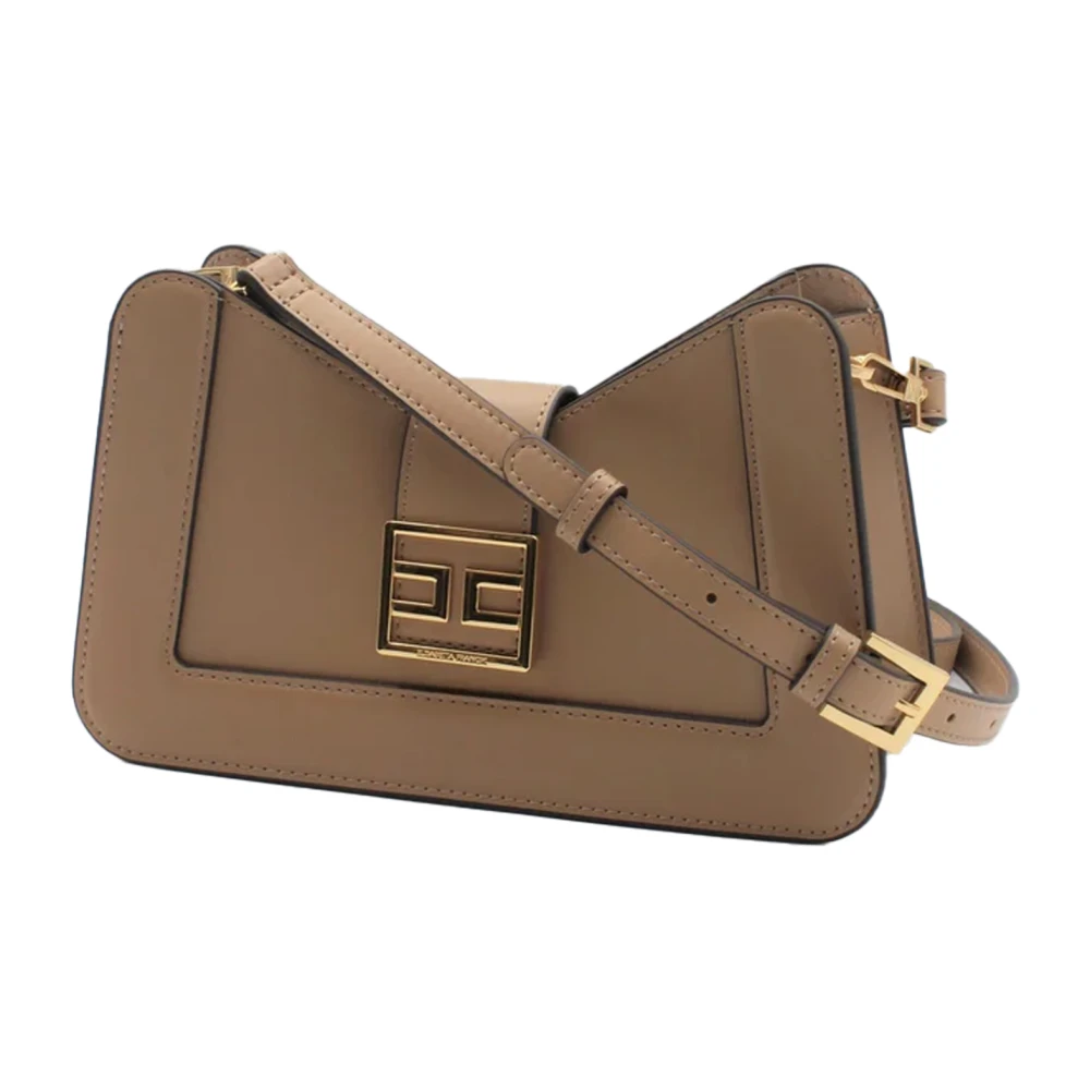 Elisabetta Franchi Kameel Schoudertas met Gouden Logo Beige Dames
