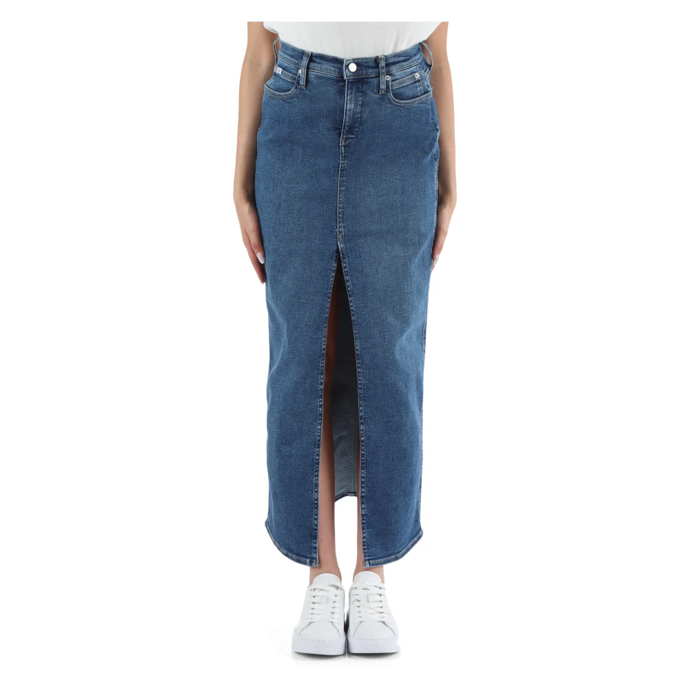 Calvin Klein Jeans Denim Lange Rok met Voor Split Blue Dames