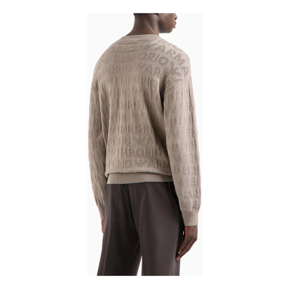 Emporio Armani Linkpatroon Trui Lange Mouw Ribboord Beige Heren