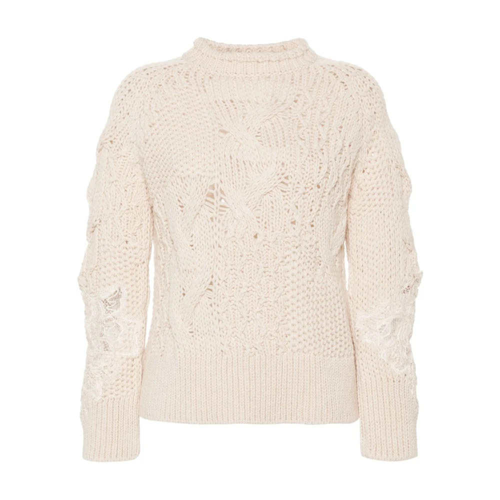 Ermanno Scervino Chunky Cable Gebreide Bloemen Trui White Dames