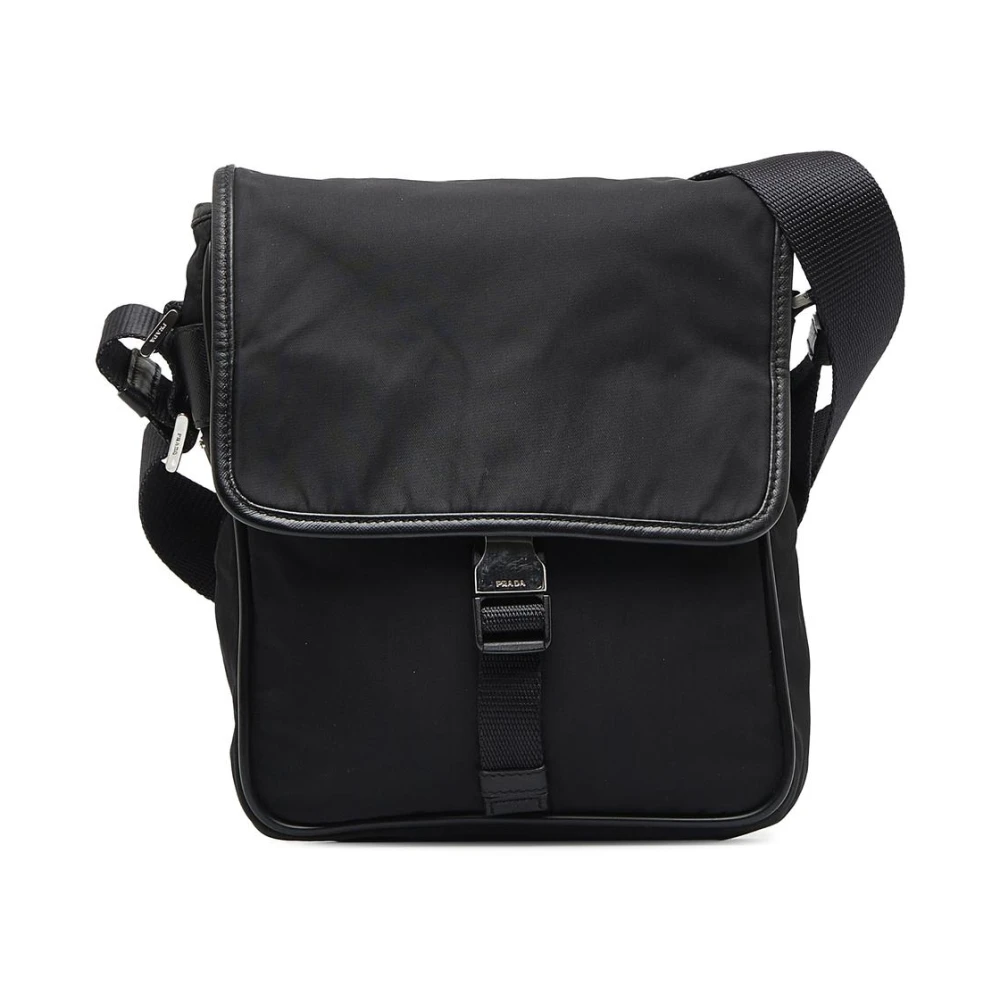 Prada Vintage Women's Black Pre-Owned Tessuto Buckle Messenger Bag