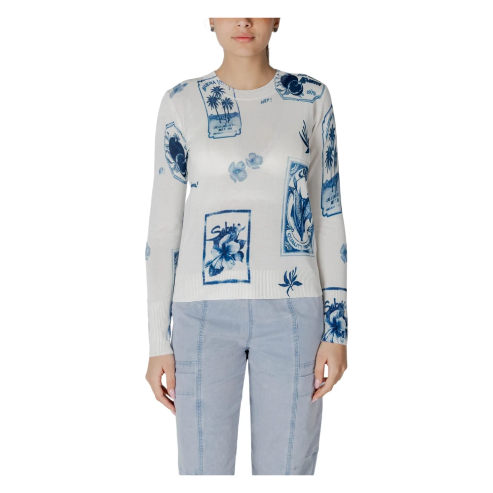 Desigual Blå Blommig Långärmad Stickad Tröja Blue, Dam