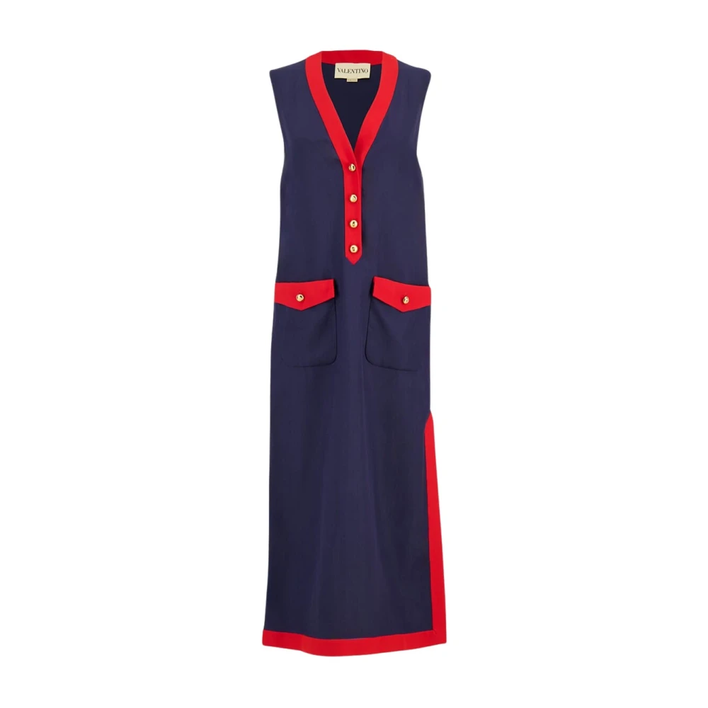 Valentino Garavani Blue Indigo And Paris Red Viscose Linen Midi Dress - Female - Midi Dresses - S - Dresses