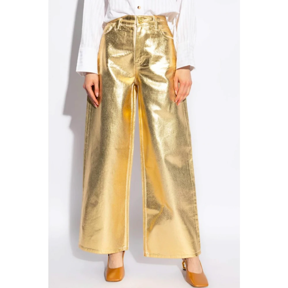 Ganni Metallic Effect Wide Leg Denim Jeans Yellow Dames