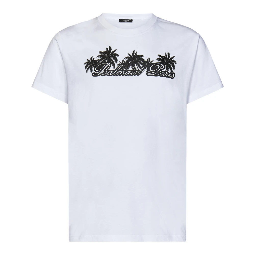 Balmain Wit Palmboom Logo T-Shirt White Heren