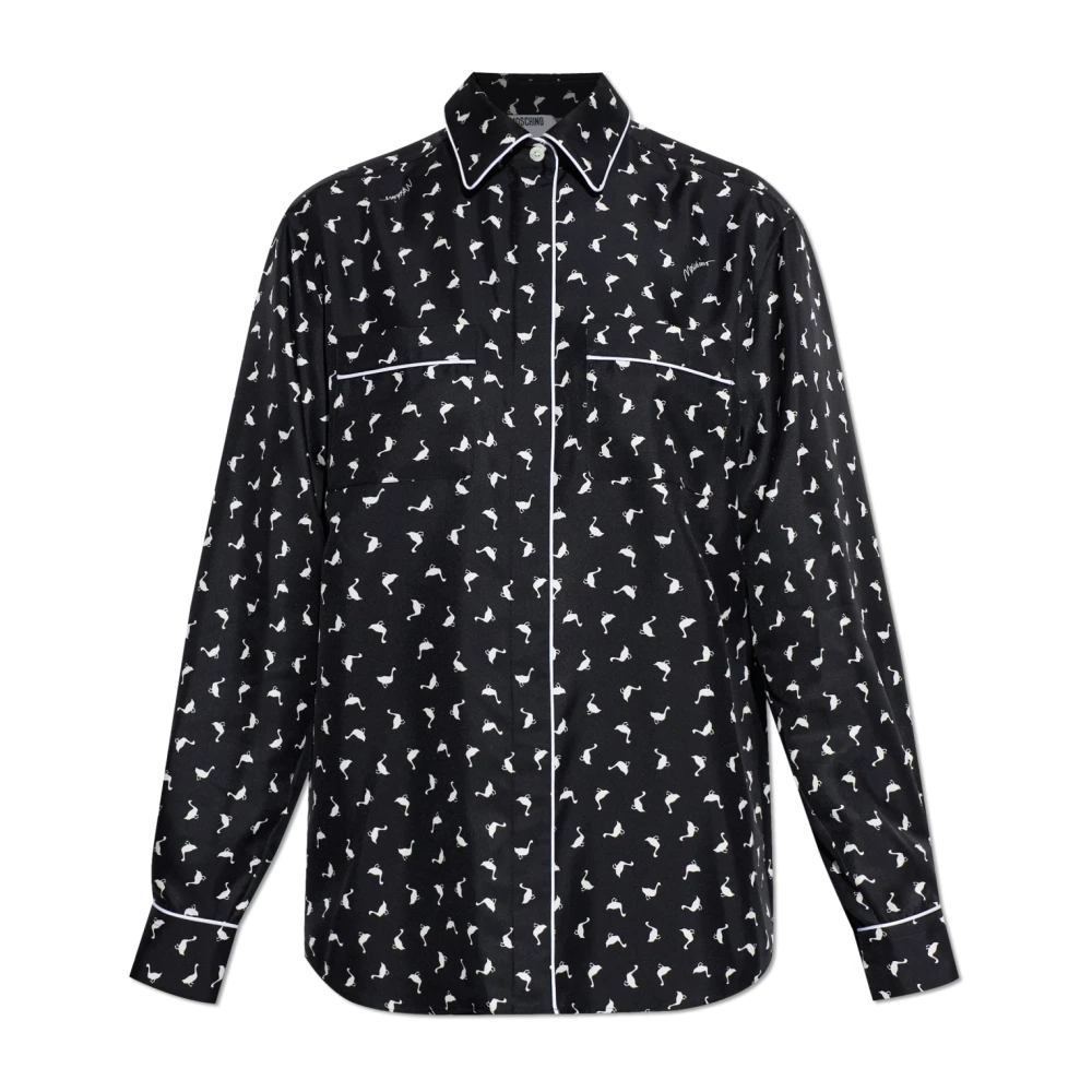 Moschino Vrouw Zwart Overhemden Dames, S, Leer, Silk Shirt With Print