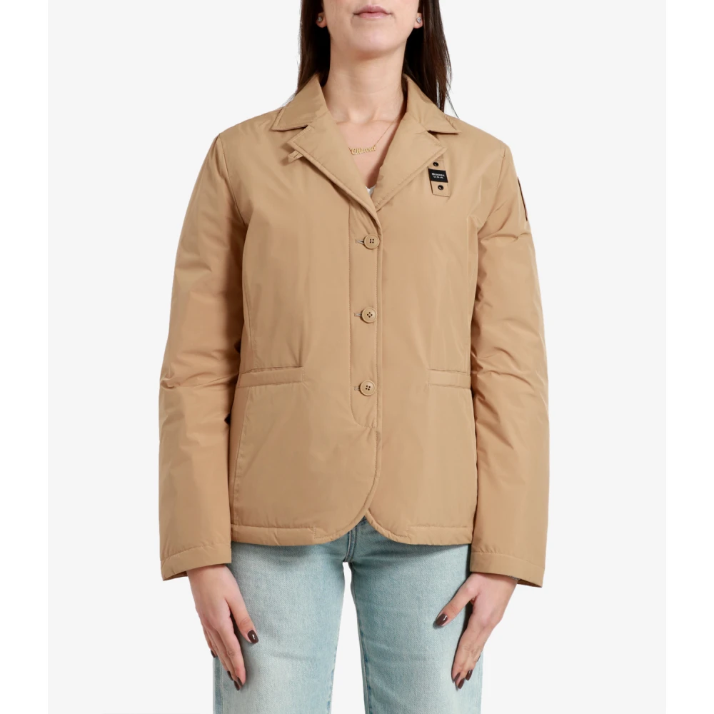 Blauer Korte Nylon Donsjas Kameel Brown Dames