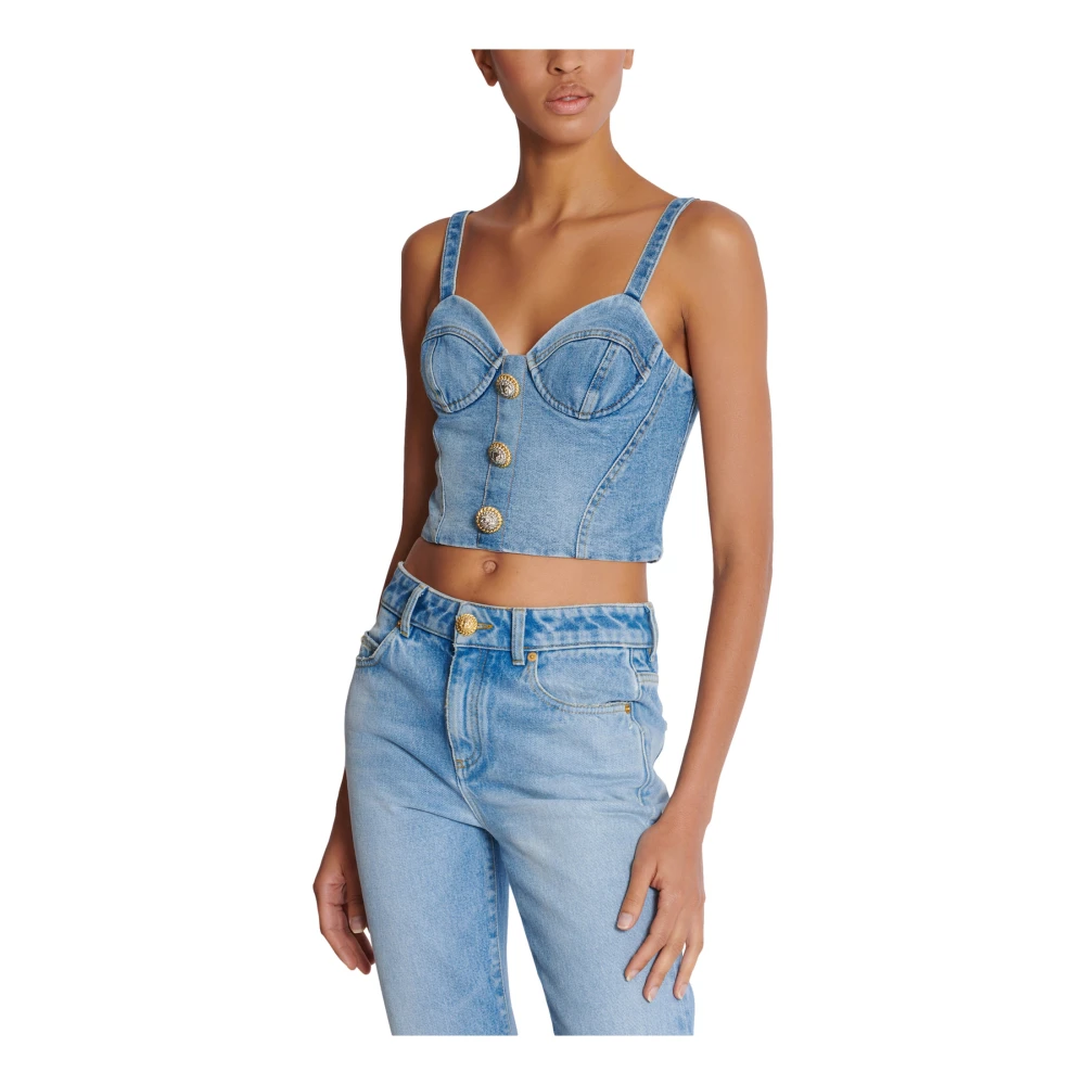 Balmain Denim Top met Dunne Bandjes Blue Dames