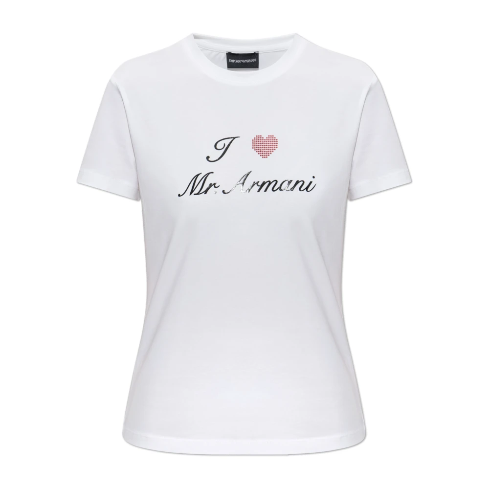 Emporio Armani Vrouw Wit Tops Dames, M, Katoen, I Love Mr Armani Asv Print Stretch Jersey T-Shirt