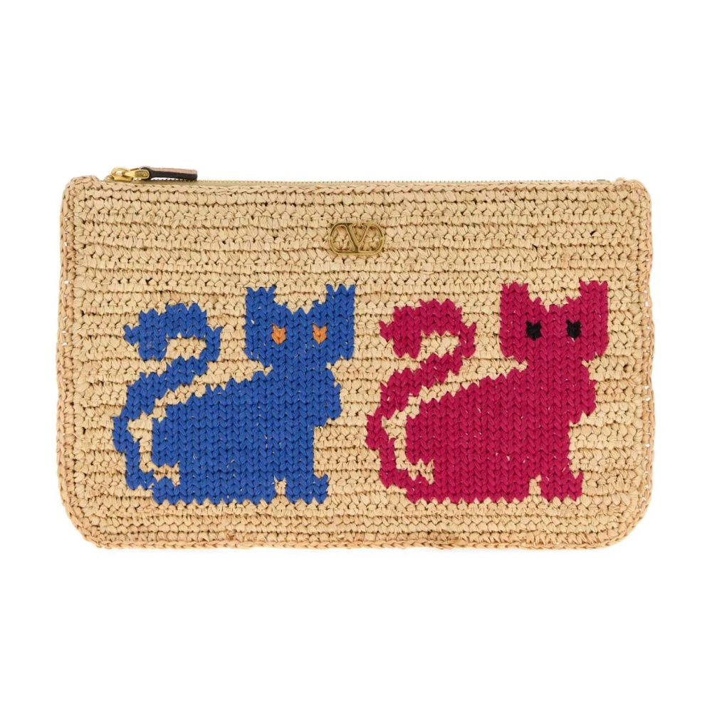 Valentino Garavani Beige Clutches, Female, One Size, Raffia Vlogo Signature Clutch