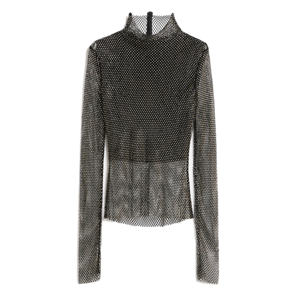 SPORTMAX Glitter Mesh Top met Hoge Kraag Black Dames