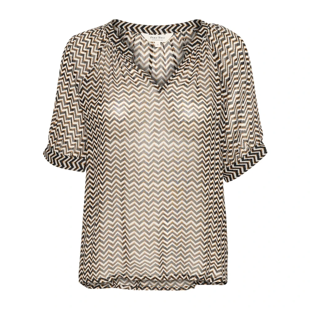 Part Two Women's Multicolor Blouses, Xs, Zig Zag Print Small Black Top