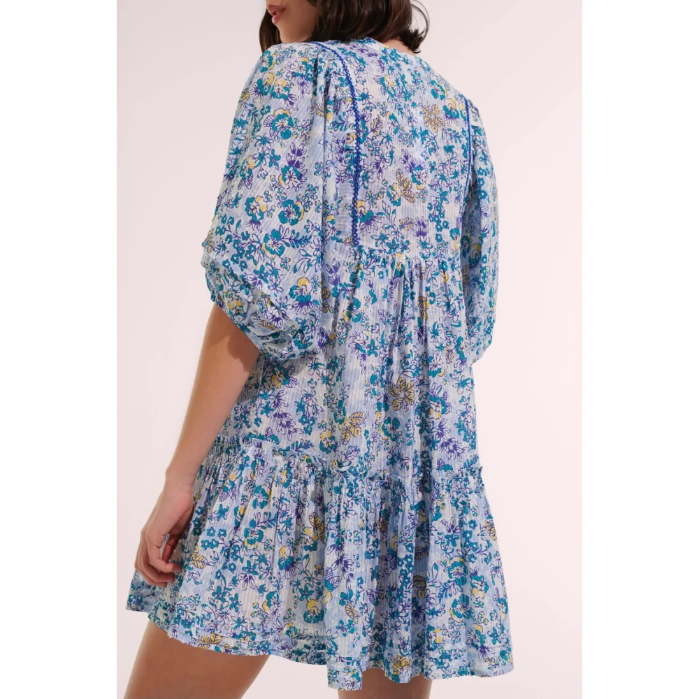 Poupette St. Barth Gestreepte Bloemen Mini Jurk met Tunesische Kraag Multicolor Dames