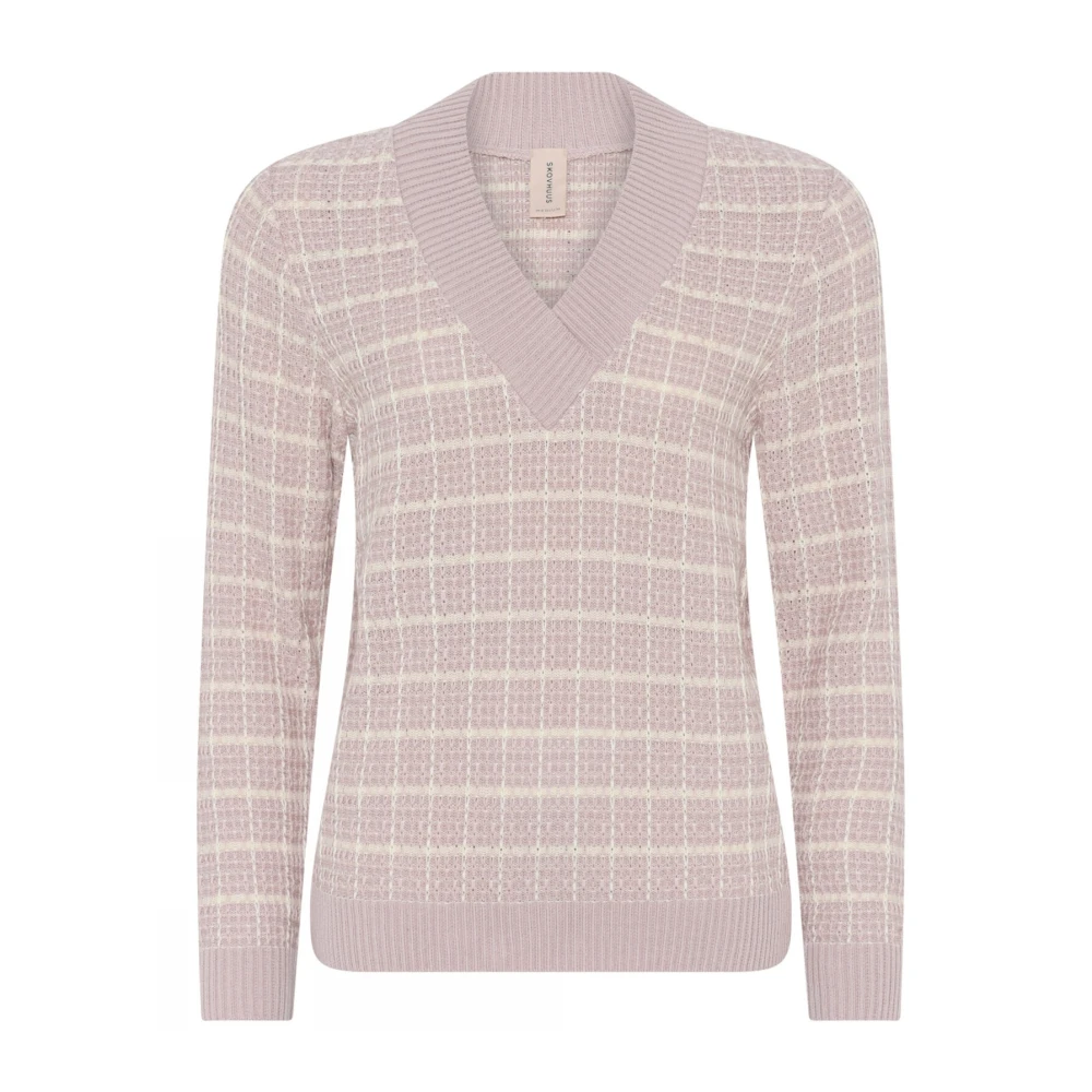 Skovhuus Geruite V-hals Pullover Blouse Ash Rose Pink Dames