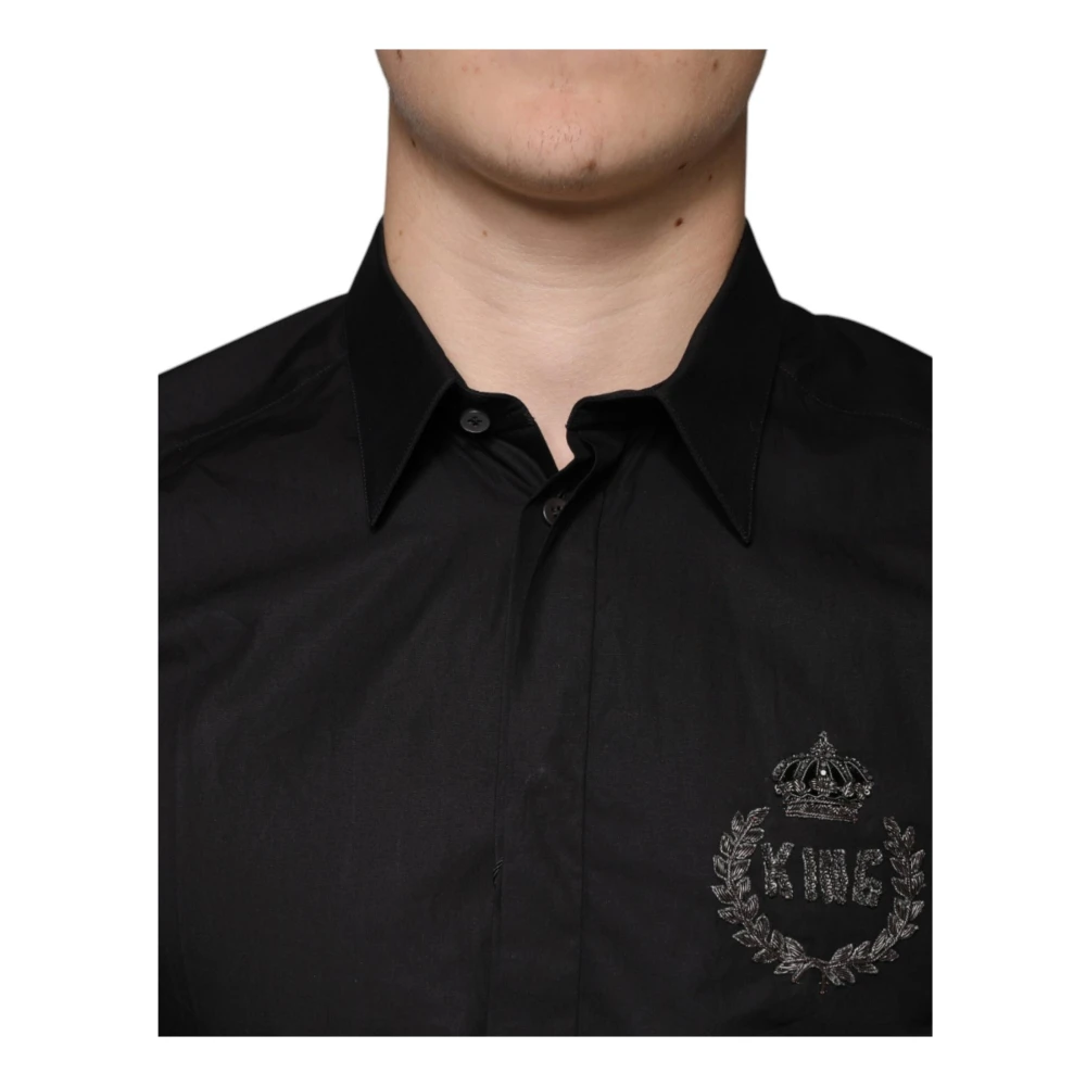 Dolce & Gabbana Zwarte Kroon Logo Geborduurd Overhemd Black Heren