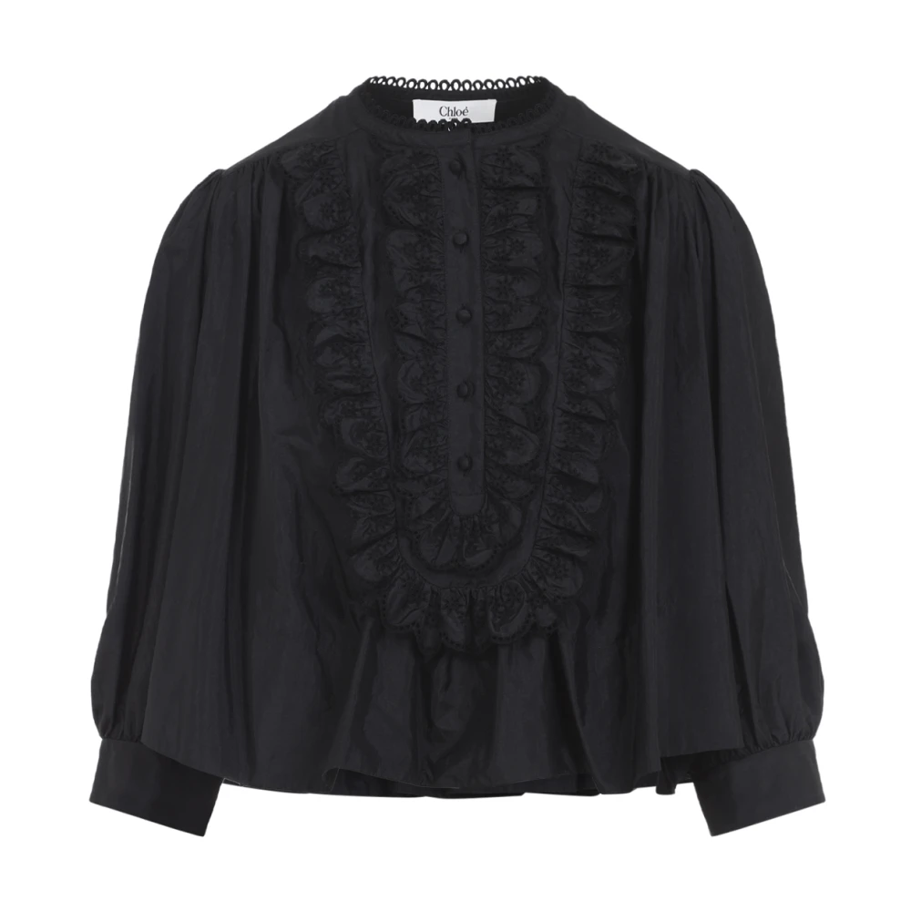 Chloé Women's Black Blouses, 2XS, Gathered Ruffle Top